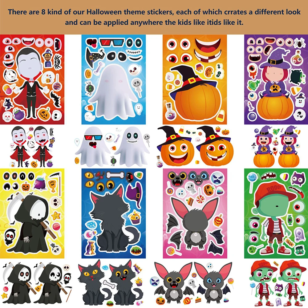 8/16Sheets Children DIY Puzzle Stickers Horror Halloween Decoration Cute Ghost Vampires Bat Decals Kids Jigsaw Toys Party Gifts