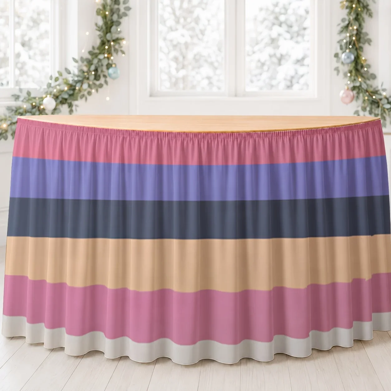 One table skirt tablecloth with printed polyester, featuring a modern, minimalist, soft pastel stripe design.