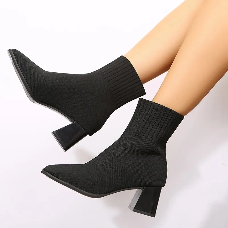 Women Elastic Knitted Socks Boots Woman Slip on Stretch Fabric Ankle Boots Autumn Fashion Square Toe Thick High Heels