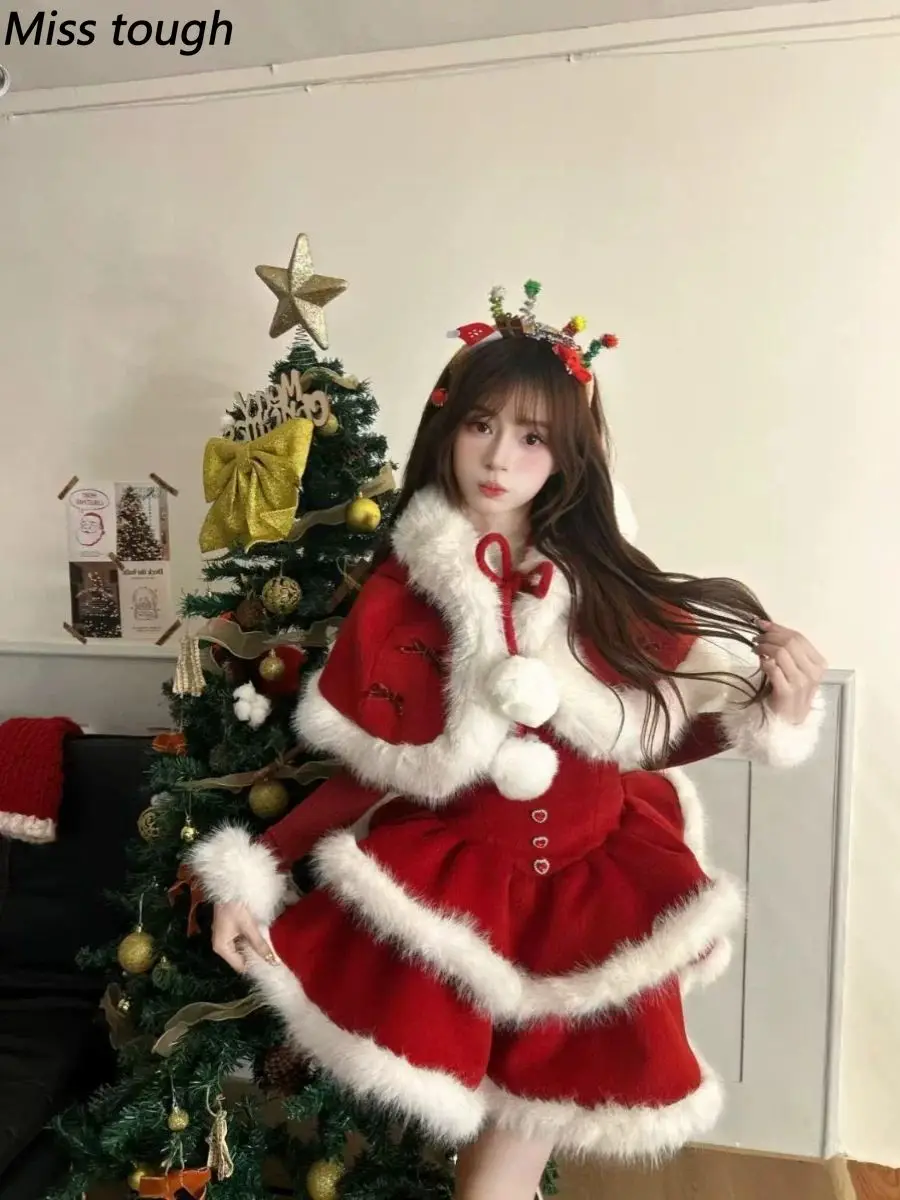 Merry Christmas Japanese Gothic Lolita Women 2 Pieces Set Fur Cloak Coat + Slim Fit Thicken Dress Harajuku Party Vintage Outfits - view 3