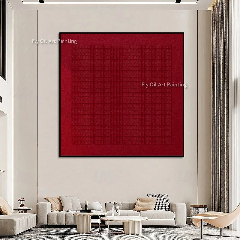 Mark Rothko Style Burgundy Grid Canvas Art, Hand‑painted Impasto Oil Painting, Textured Square Wabi‑Sabi Wall Decor