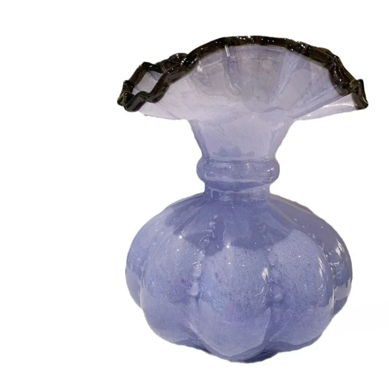 

Medieval Fenton style handmade glass purple vase, French retro style flower arrangement, pumpkin bottle light luxury home orna