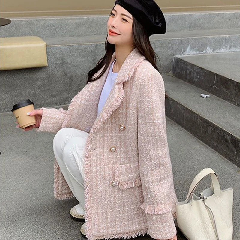 سترة نسائية أنيقة منقوشة عطر فرنسي صغير بحواف خام بدلة شرابة سترة بأزرار معطف نسائي جمالي فضفاض غير رسمي #5