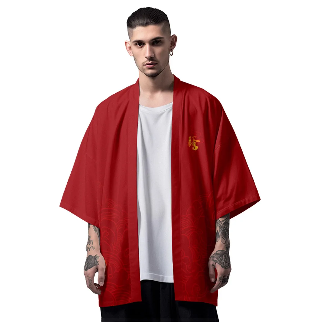 سترة حمراء للرجال لعام 2025 ملابس هاوري أنيمي الأسد والرقص كيمونو هاراجوكو اليابانية للنساء ملابس الشاطئ يوكاتا الساموراي