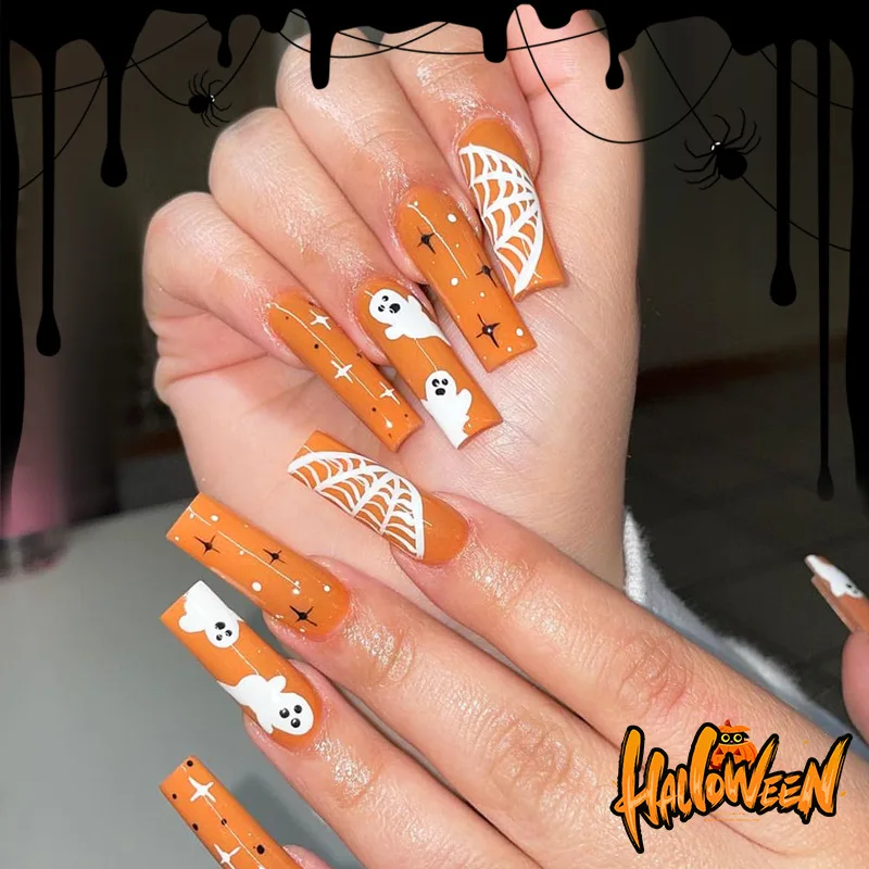 24Pcs Halloween Design False Nails Long Ballet Press on Nails with Pearl Wearable Coffin Fake Nails French Square Finger Nail