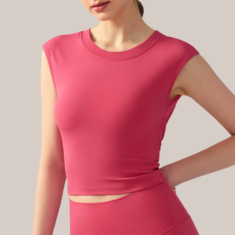 Yoga-Fitness-Weste mit niedriger Intensität, rückenfreies, kurzes Sport-T-Shirt, sexy, figurbetontes Top mit festen Cups, kurze Ärmel, T-Shirts für Damen – Detail 9