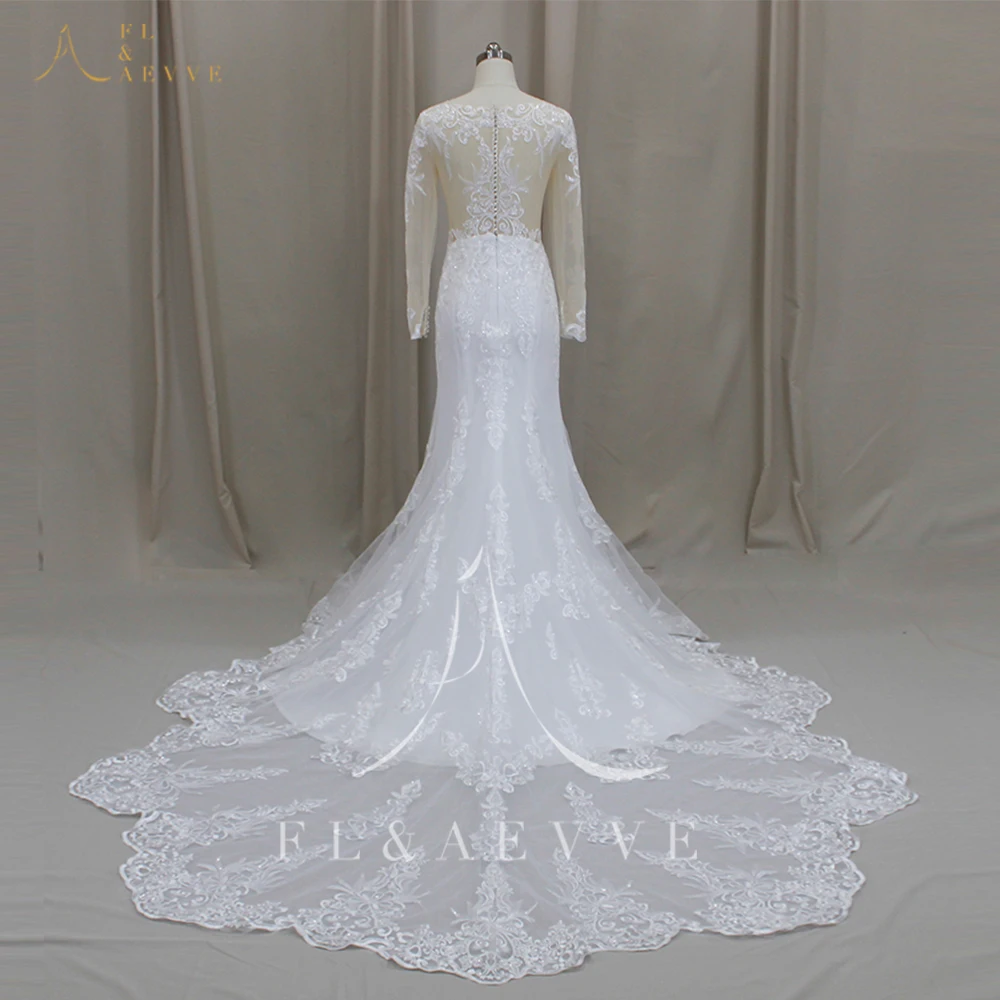 فستان زفاف FL&AEVVE Boho شفاف حورية البحر مع دانتيل كلاسيكي مزين بأكمام طويلة فستان زفاف أنيق لحفلات الزفاف #6