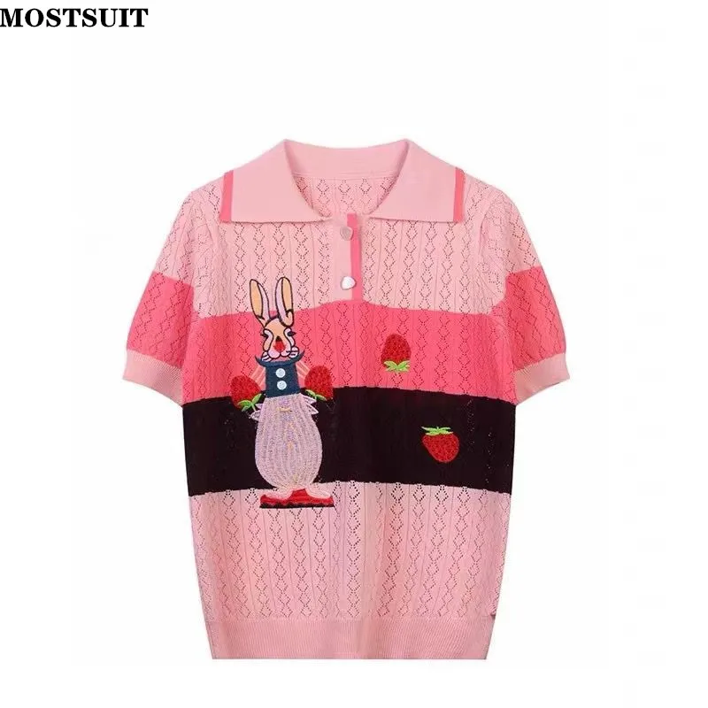 Pink Strawberry Embroidered Knit Pullover Sweater Women 2022 Summer Hollow Sweet Stylish Short Sleeve Fashion Tees Tops Knitwear