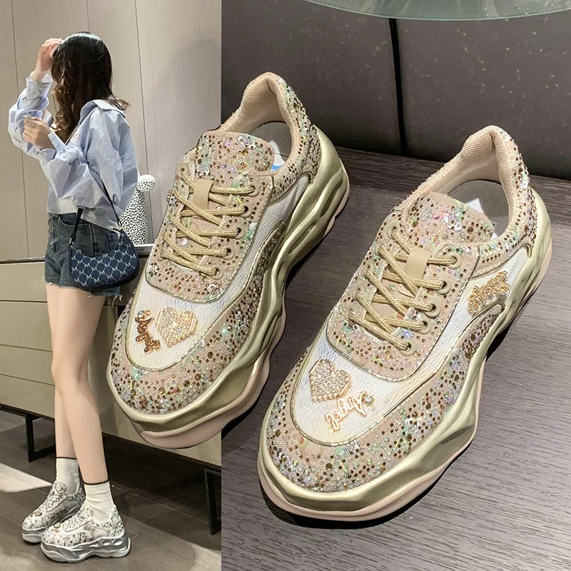 Zapatillas de deporte con diamantes de imitación para Mujer, Zapatos transpirables de diseñador de lujo, informales, de fondo grueso, Otoño, 2024