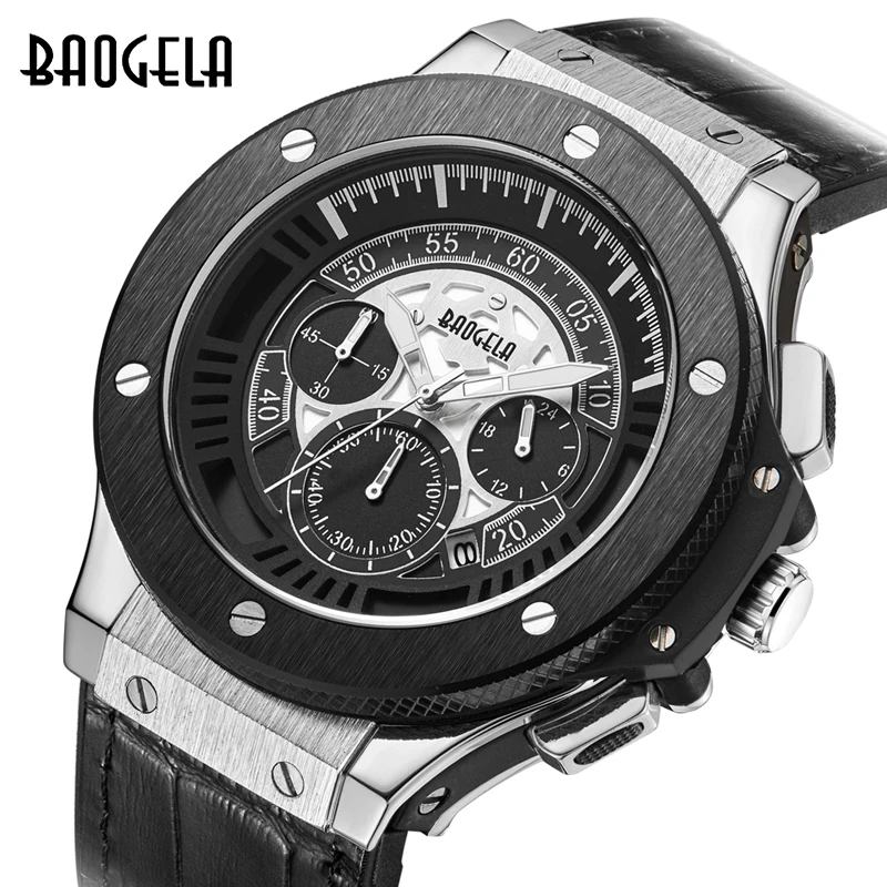 BAOGELA Brand Men Watch Quartz Watch Gold Rubber Band 3ATM Water Resistant Chronograph Mens Quartz Wrist Watch 1910 Silver