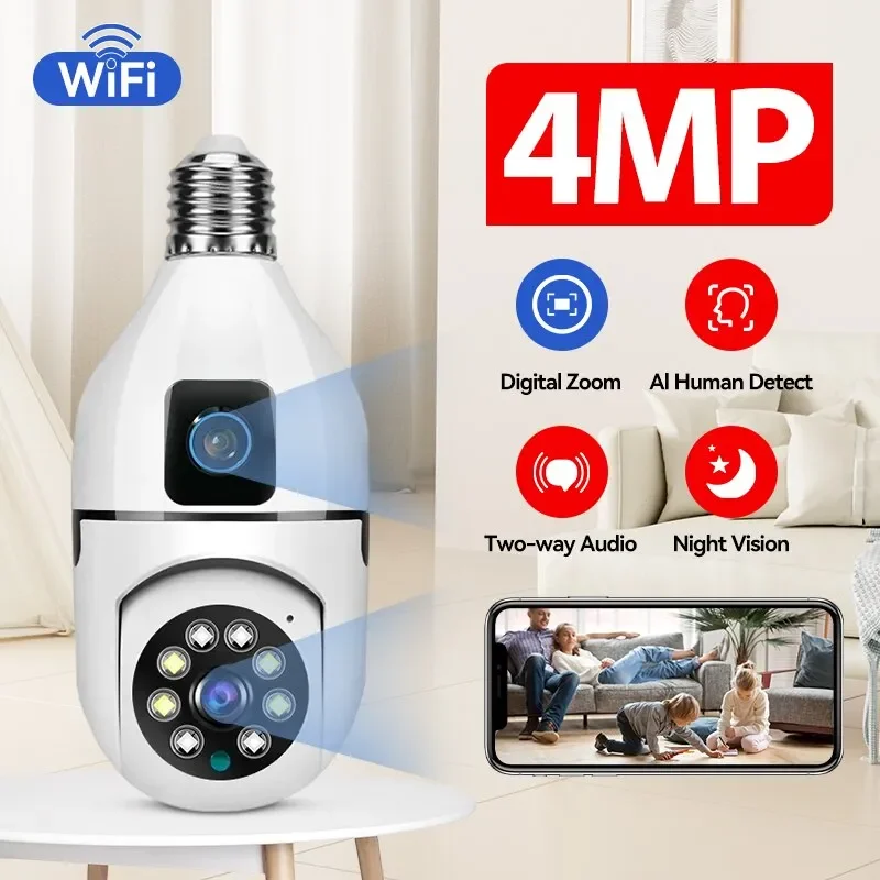 

Indoor E27 Dual Lens Bulb Camera APP V380 WiFi Night Vision 350 PTZ Camera Human Tracking CCTV Security Monitor Two Way Talk