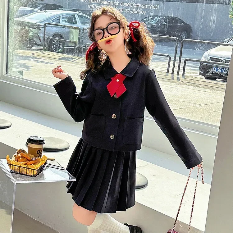 Girls' Academy Style JK Unifor Set Spring and Autumn Season New Korean Edition Coat Pleated dress set