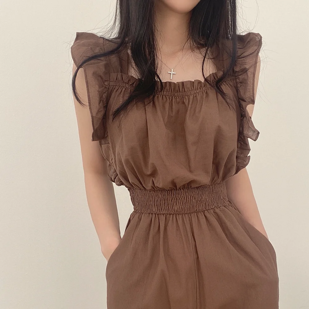 

Loose High Waist Jumpsuit with Flying Sleeves Casual Style Long Pants Straight Leg Chinese Made Ladies' Summer Fashion