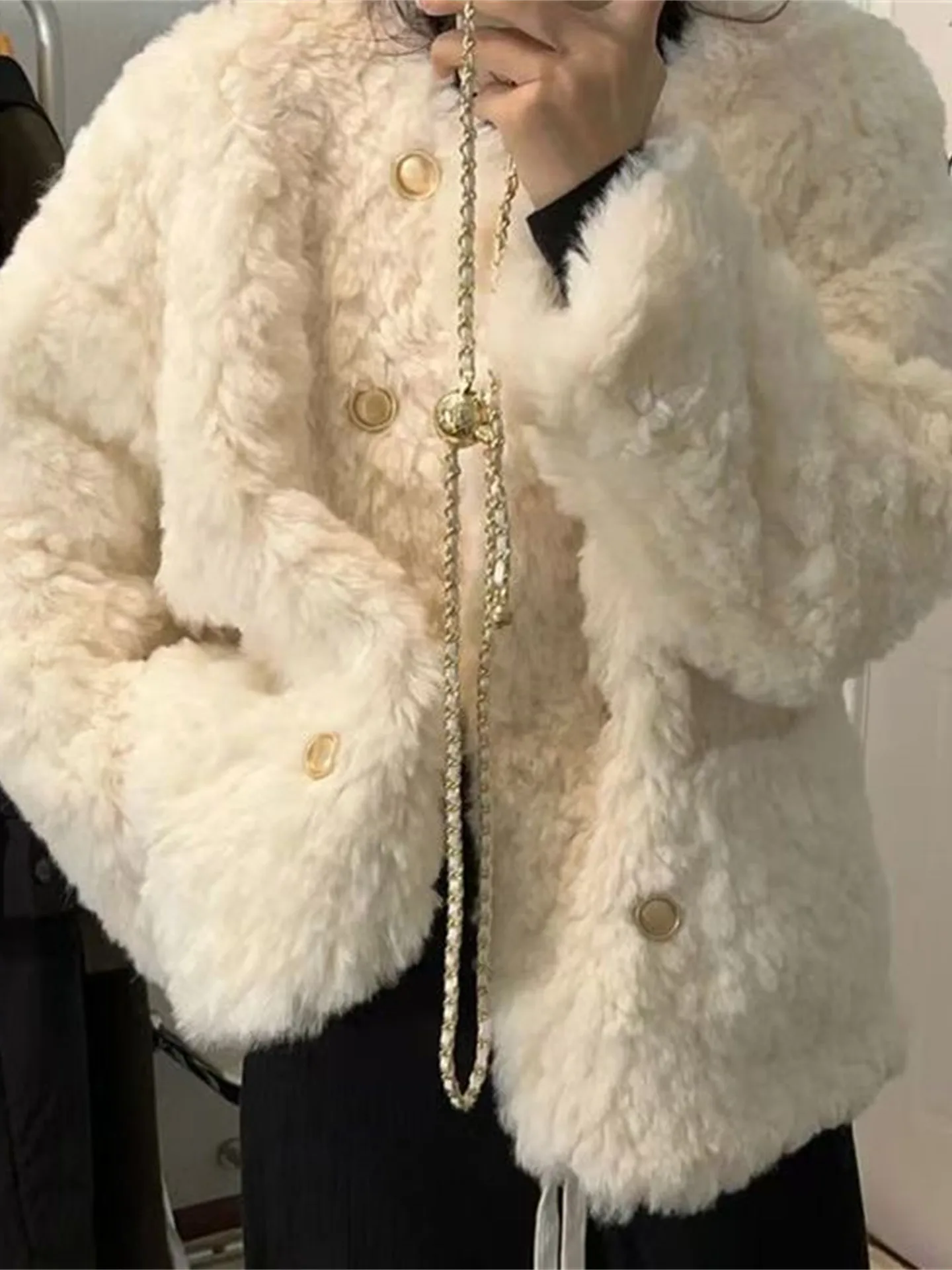 

Женское зимнее пальто из кроличьего меха свободного кроя в корейском стиле, с высокой талией, повседневное, длинное, с круглым вырезом, хлопковая верхняя одежда