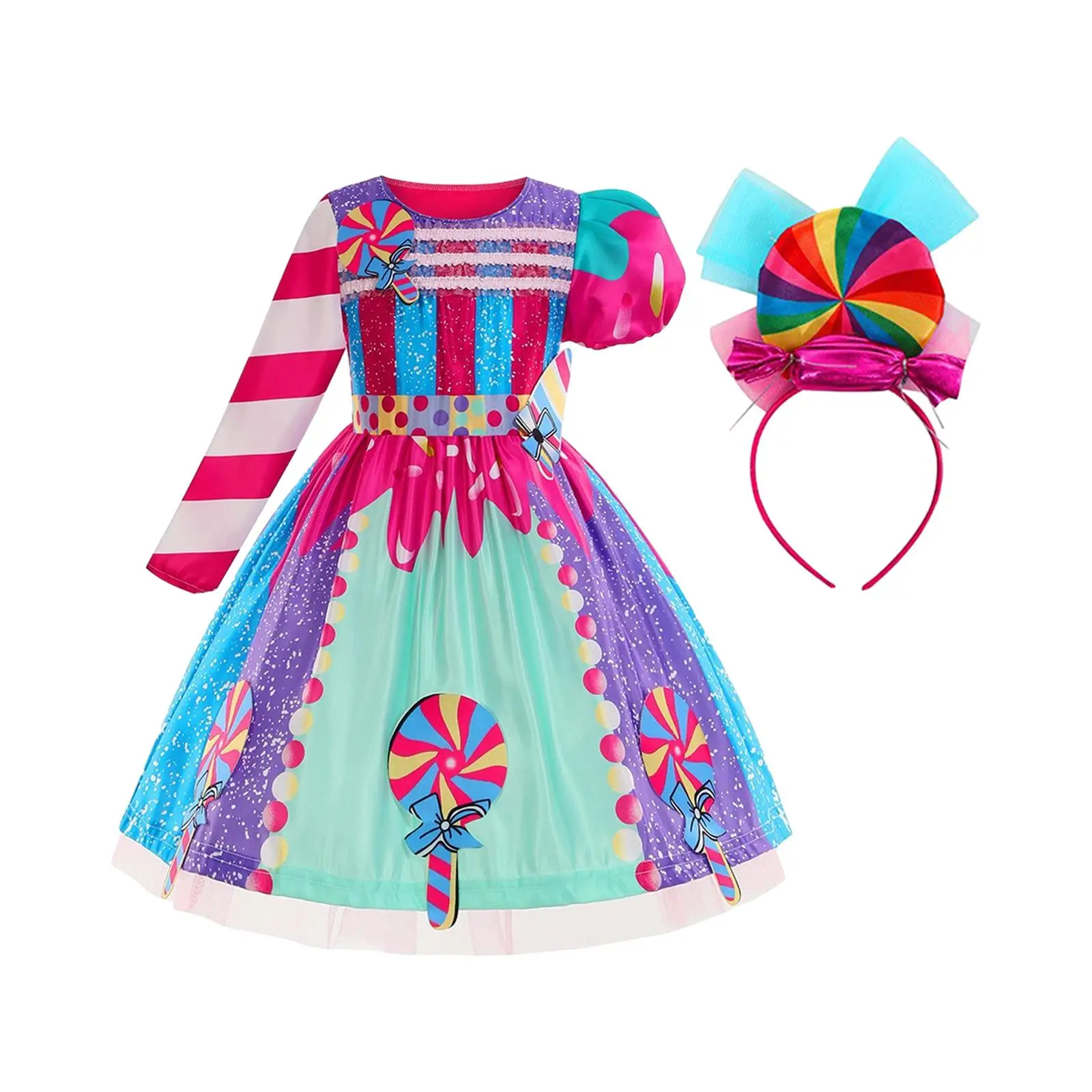 Buntes Bonbon-Kleid für Mädchen mit Stirnband, Party-Prinzessin-Kostüm-Set für Tanz und Cosplay
