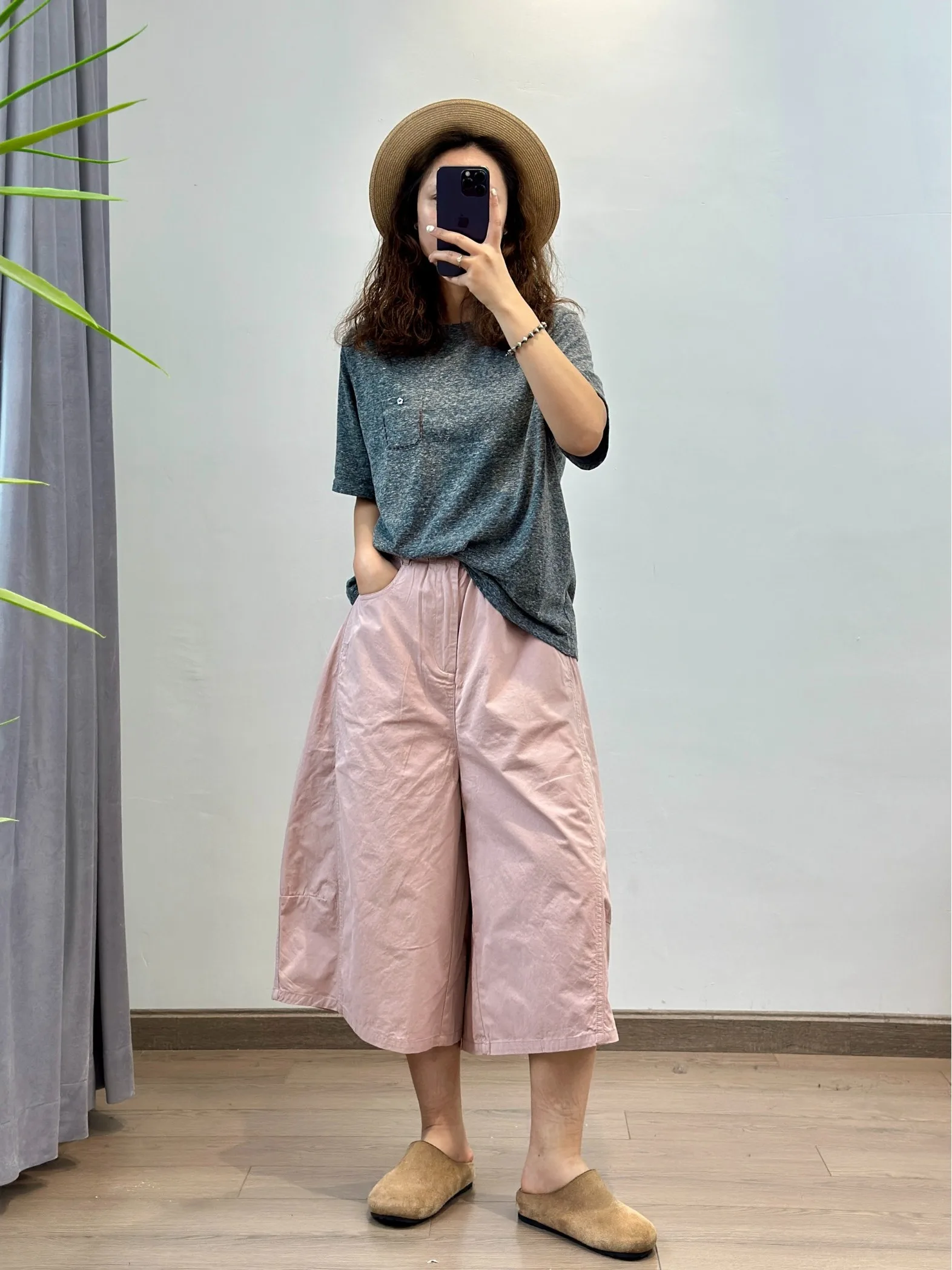 伸縮性ウエストワイドレッグパンツルーズフィット痩身和風夏カジュアルパンツ女性用通勤ファッションポケットディテール