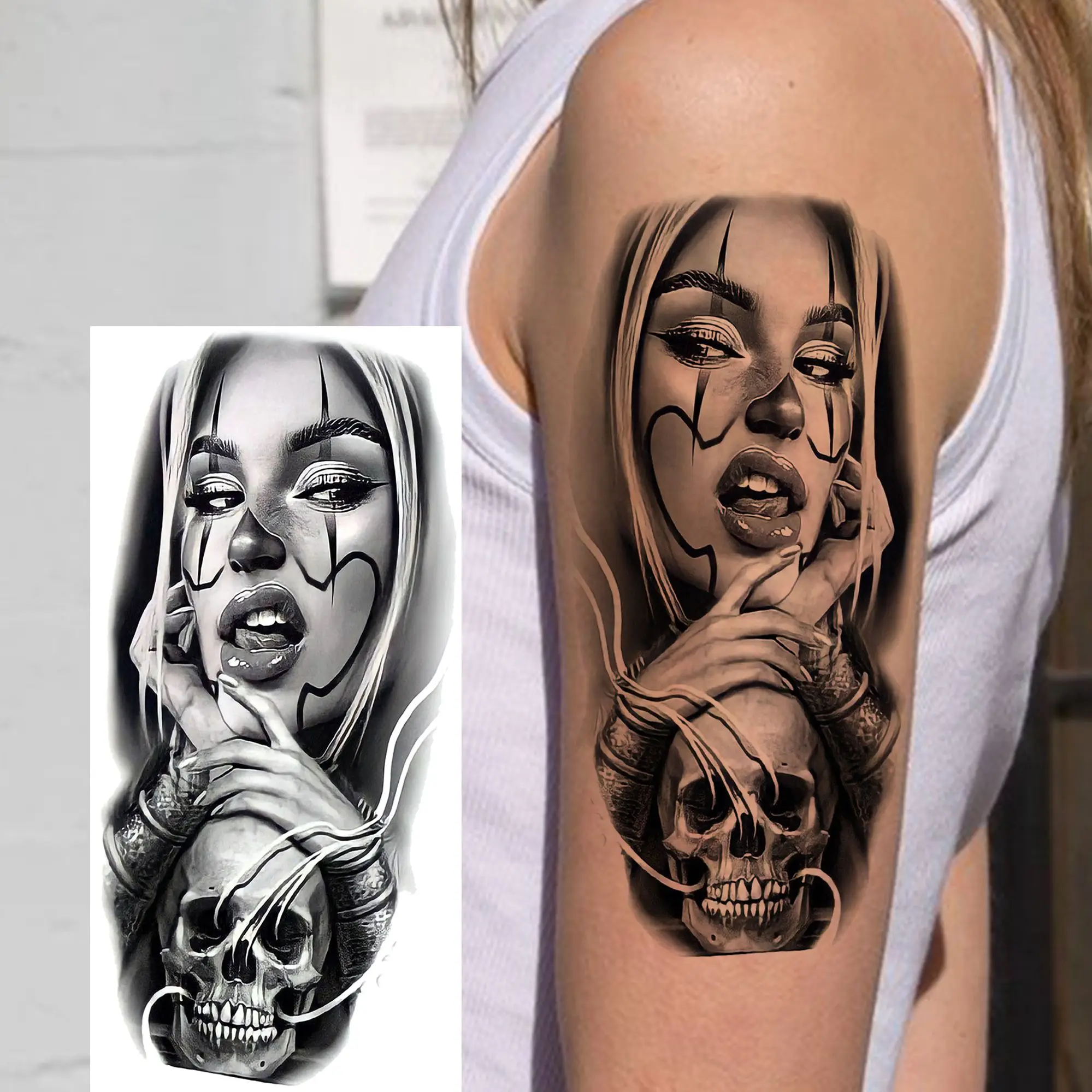 1 Sheet Evil Women Face Joker Mask Temporary Tattoos For Men Women Adults Waterproof Realistic Fake Tattoos Long Lasting Sticker