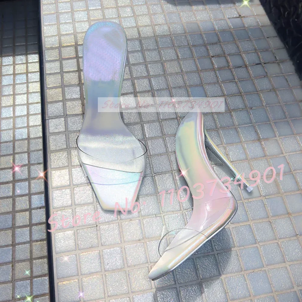 

Metallic Patent Leather Open Toe Slippers Female Casual Summer Thin High Heel Mules Ladies leopard Transparent Denim Heels Shoes