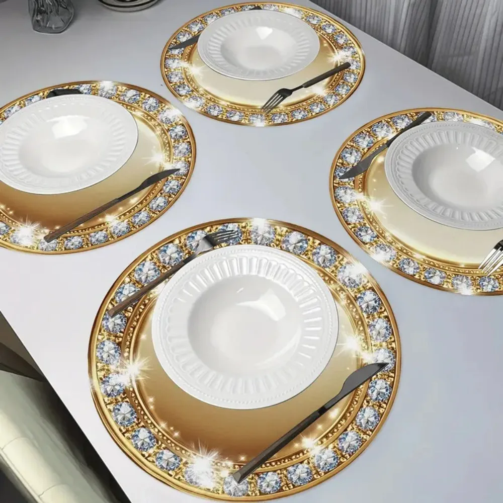 4-Pcs Light Luxury Gold Round Placemats Set - Non-Slip Washable 100% Polyester Table Mats with 2D Shiny Decor for Elegant Dining
