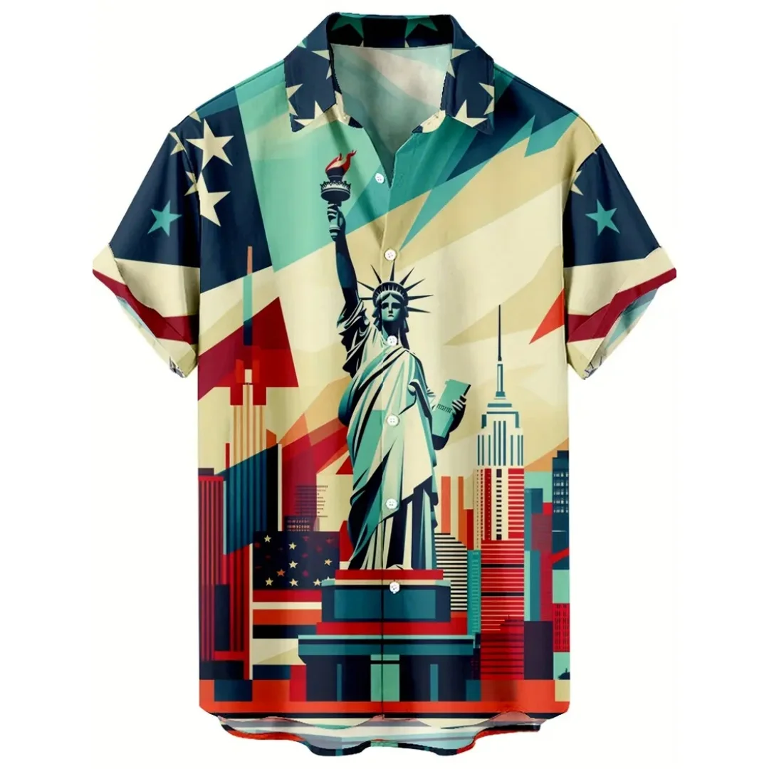 

Summer Men's Lapel Shirt American Independence Day Flag Printed Pattern Outdoor Fashion Short Sleeve OverSize Men's Clothing