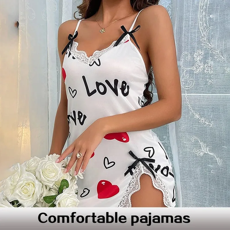 Women's Printed Heart-Shaped Close Nightgown with Sexy Lace Decoration and Milk Silk Women's Suspender V-Neck Sexy Nightgown