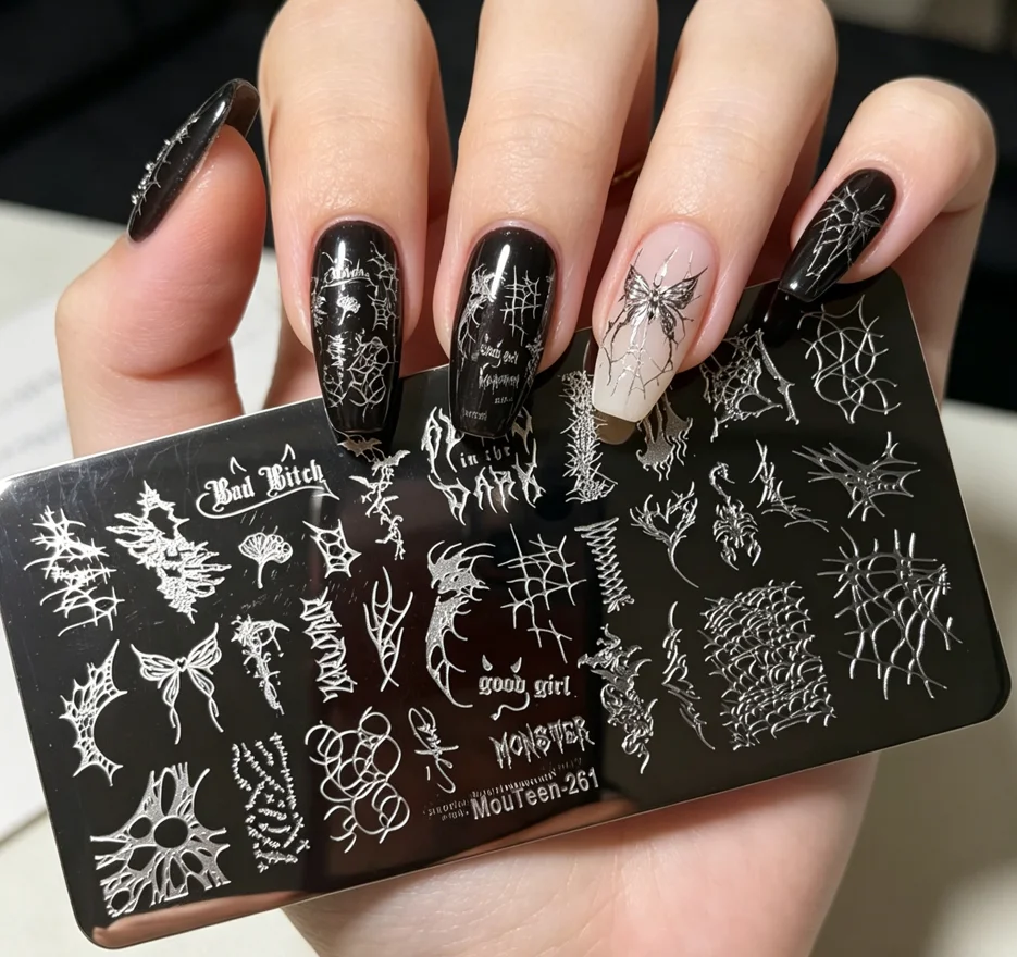 

MouTeen-261 Halloween Gothic Nail Stamping Plate, Spider Web Bat Witch & Good Girl Monster Letter Print, Stainless Steel Nail Ar