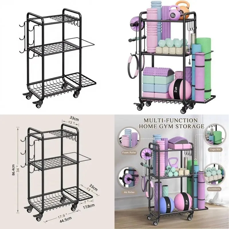 Fitness Equipment Storage Rack Integrated Yoga Mat Holder Sports Gear Organizer with Wheels and Hooks for Home Gym