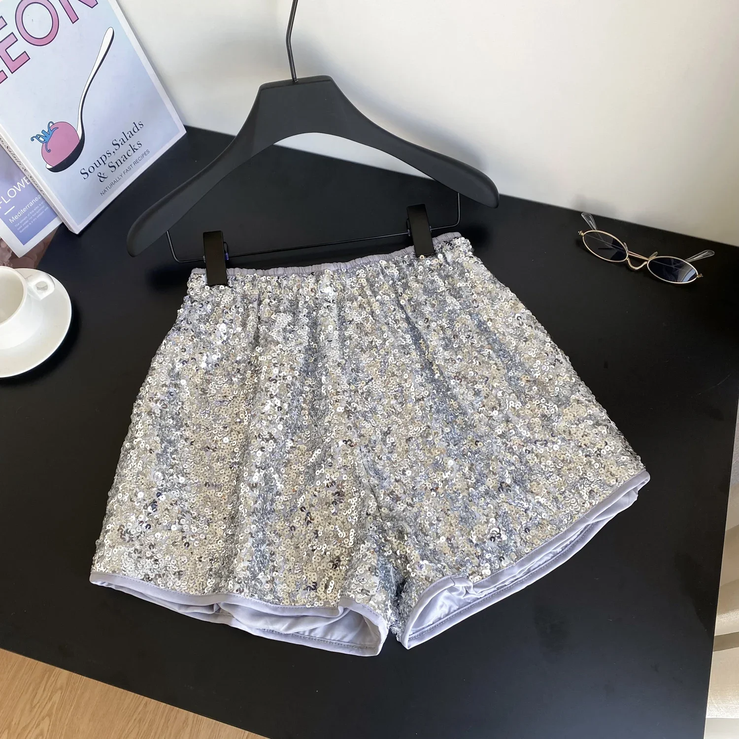 Basics Vintage High Waist Elastic Waist Chic Glitter Sequin Short Pants Hotsweet Streetwear High Street Women Casual Clothing