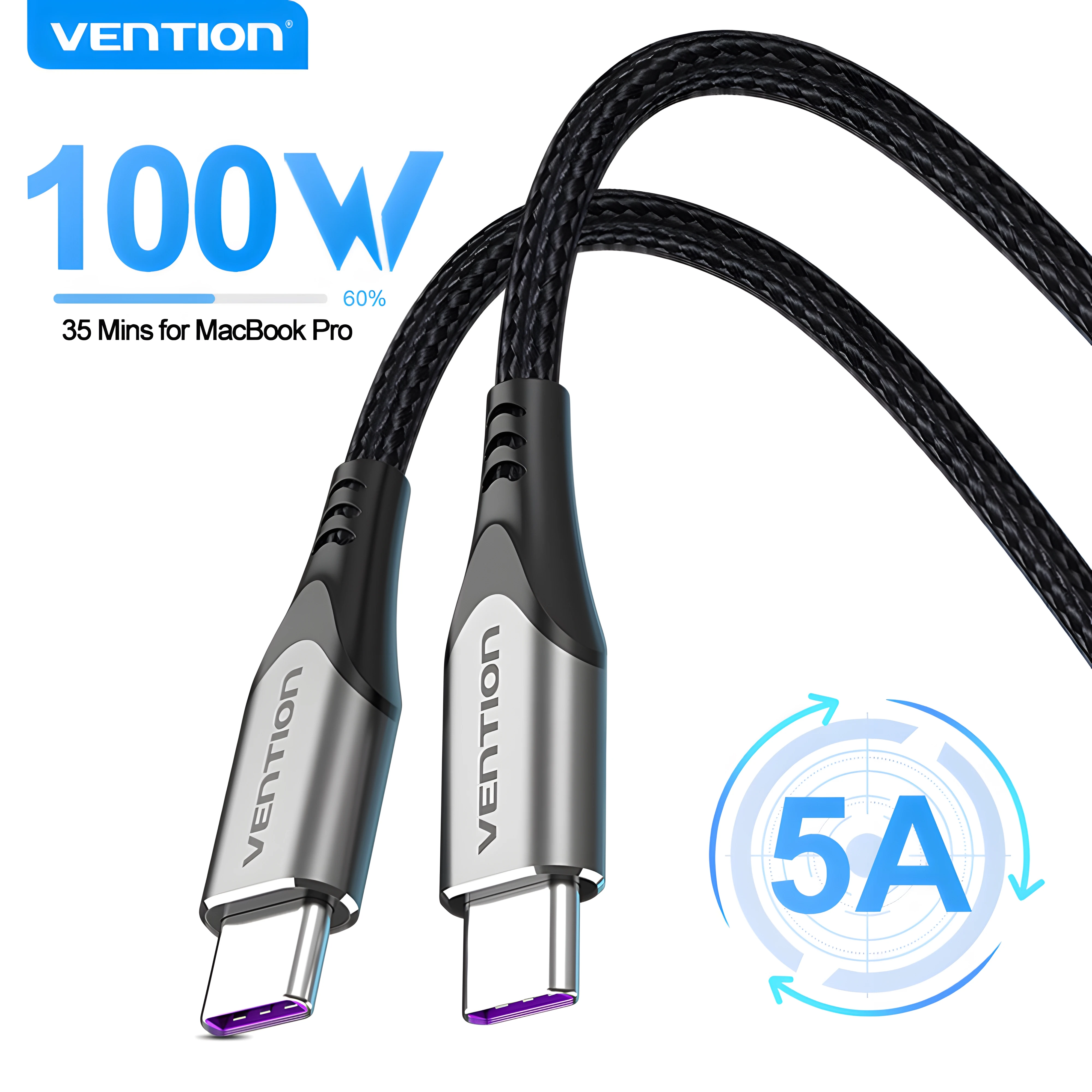 

Vention Super 100W 5A USB A Type C to USB C Cable PD Fast Charging Cord E-Marker Chip Braided Wrie for iPhone 16 MacBook Samsung