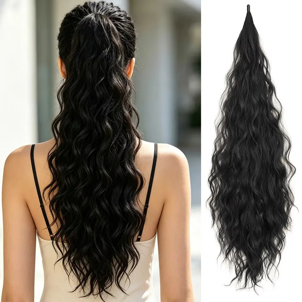 28Inch Long Curly Synthetic Ponytail Hair Extension With Wand Wrapped Full Thick Water Wave Hair Piece for Halloween Party Use