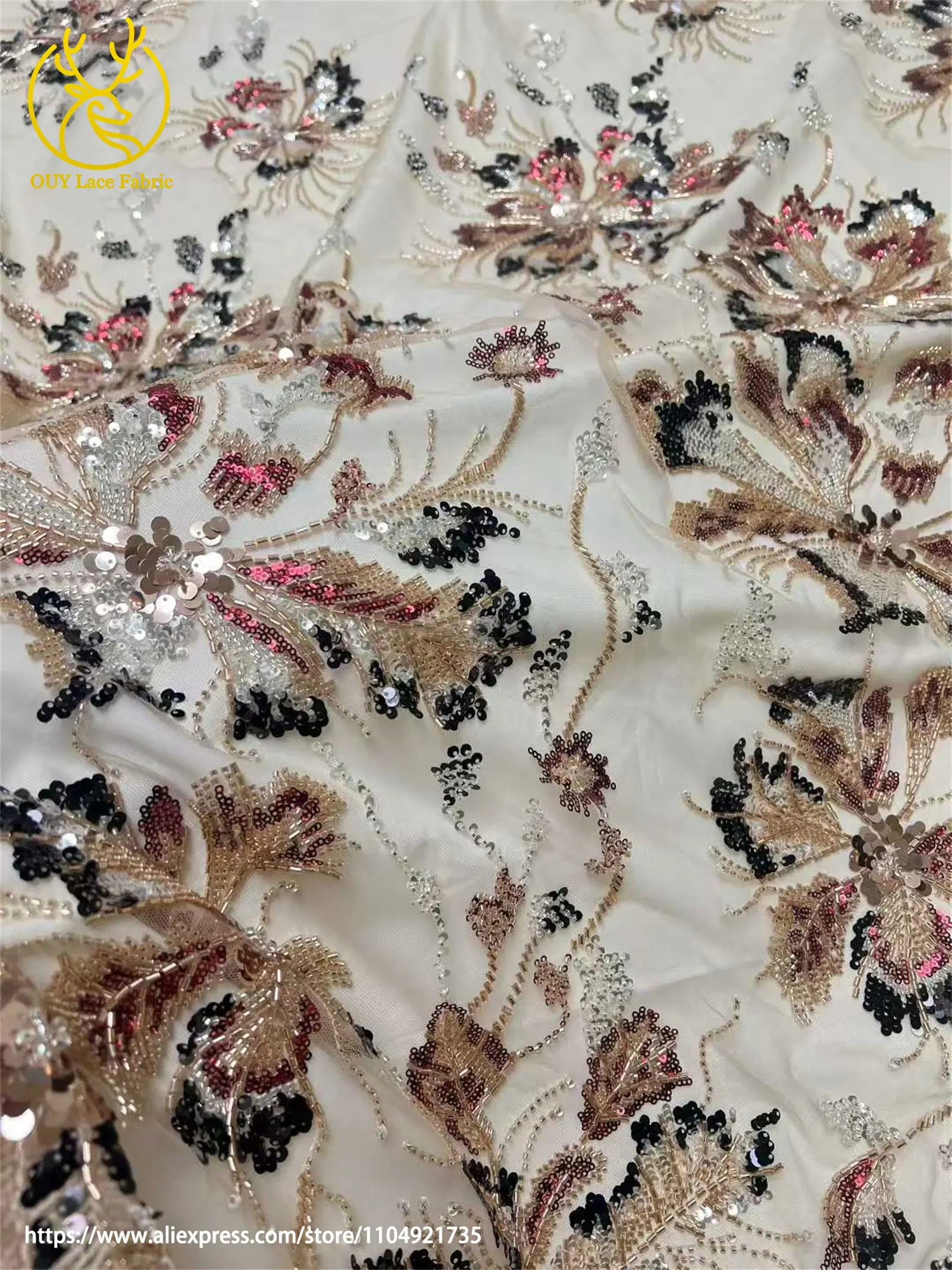 Afrikanischer Netz-Stickerei-Pailletten-Spitzenstoff 2026 Luxuriöser Französischer Tüll Perlenbesetzter Stoff für Damen-Partykleider Nähstoff 5 Yards – Detail 7