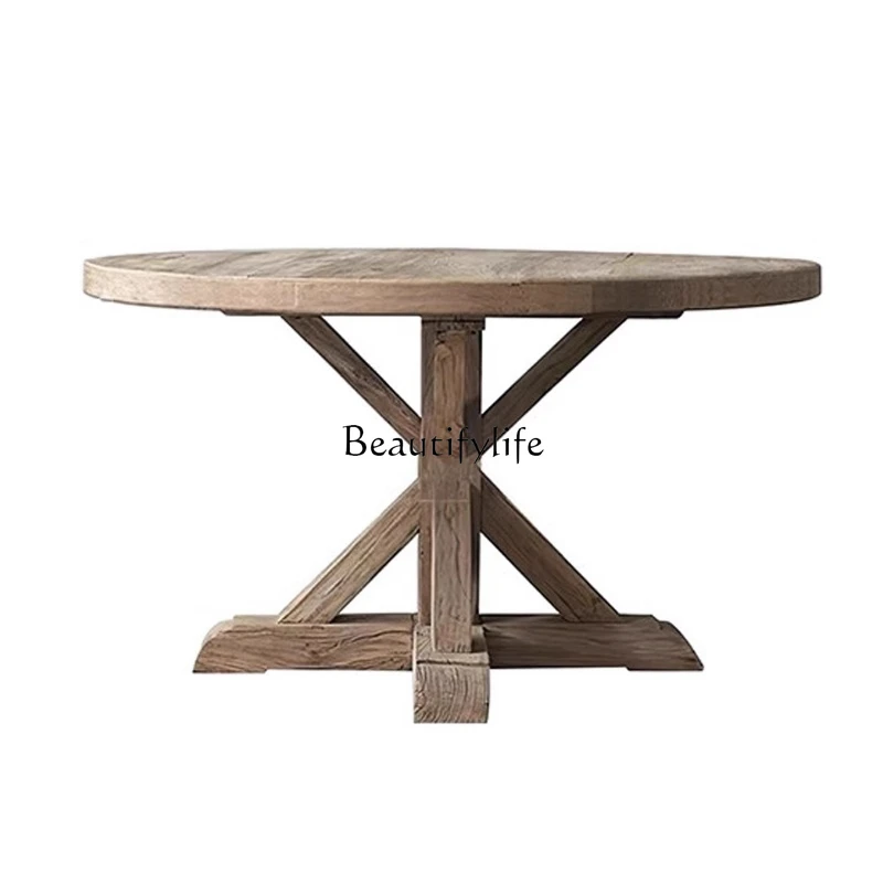 

French rural retro old solid wood dining table medium and ancient small round eating table