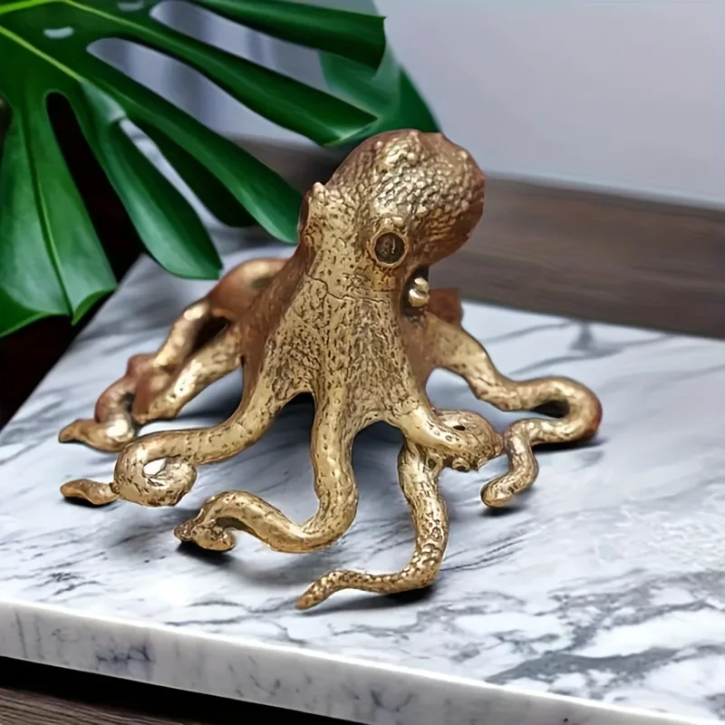 【Special Price】Set of 2 Indoor/Outdoor Tabletop Decorations for Home, Office, Living Room, Unique Gift Art Decoration, Fine Craftsmanship, Pure Brass Vintage Octopus Figurine, Retro Tea Pet Collectible, Handcrafted Sta