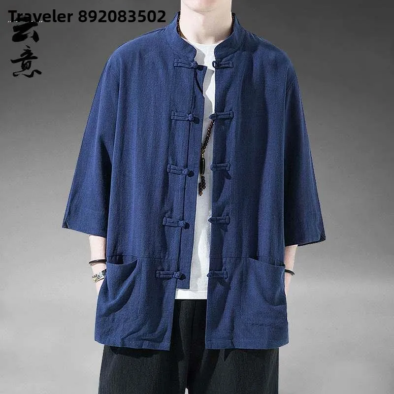 

Men's Summer Short Sleeve Linen Tang Suit Cotton Linen Half Sleeve Vintage Five Sleeve Hanfu Large Size Button up Citywalk Shirt
