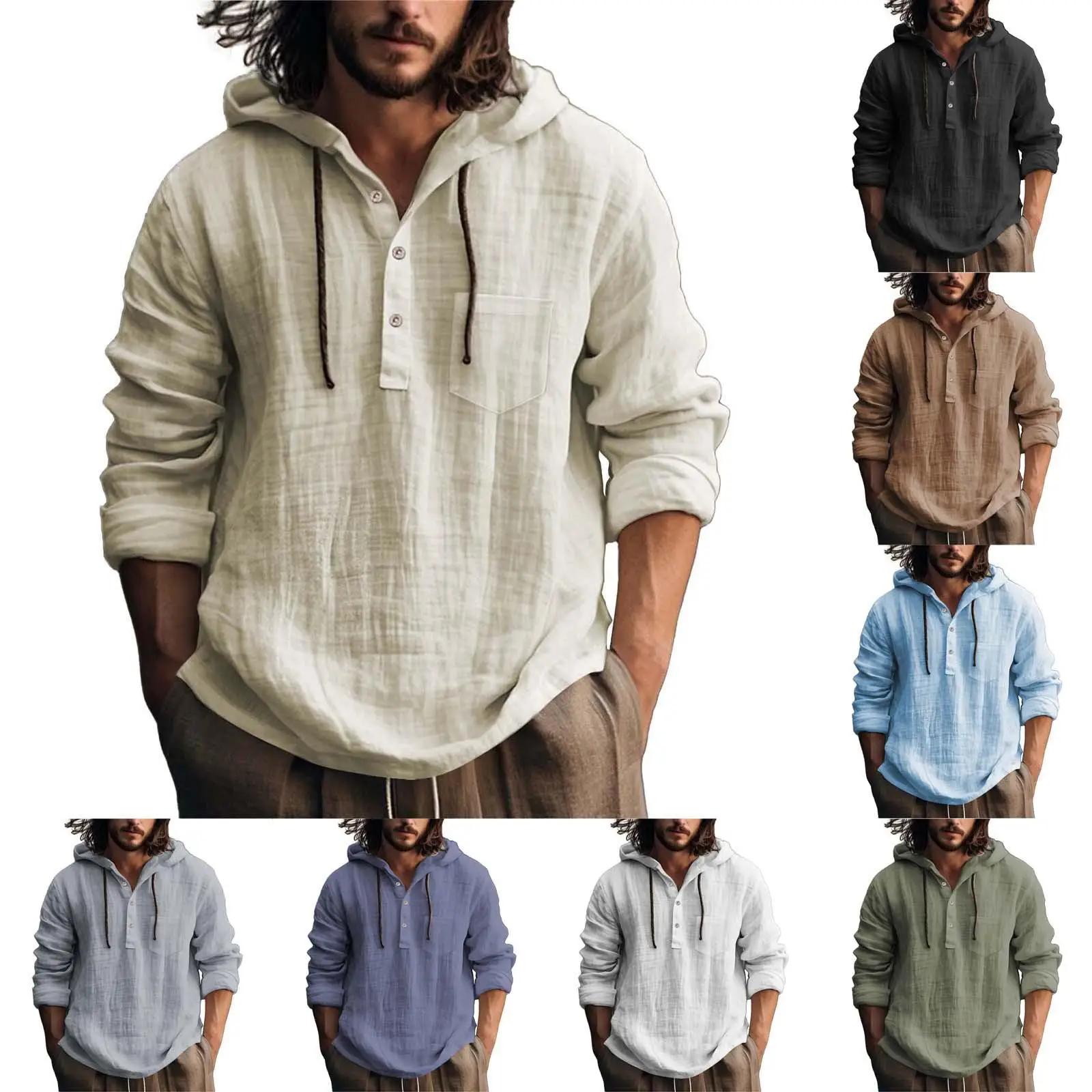 

Men's Hooded Long Sweater Jaet Cotton Linen Casual Comfortable Breathable Faionable Inner Wear Summer Pure Color