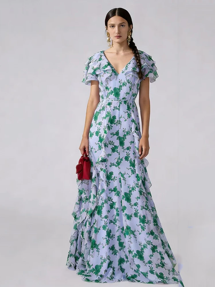 

Модное шифоновое платье с принтом и шнуровкой, пышное, с V-образным вырезом, короткими рукавами, на весну и осень, с завышенной талией, длиной в пол