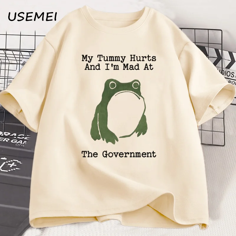 Funny Frog Meme T-Shirts My Tummy Hurts Vintage Casual Cotton Short Sleeve Tshirt Oversize Women Men O Neck Printed T Shirt