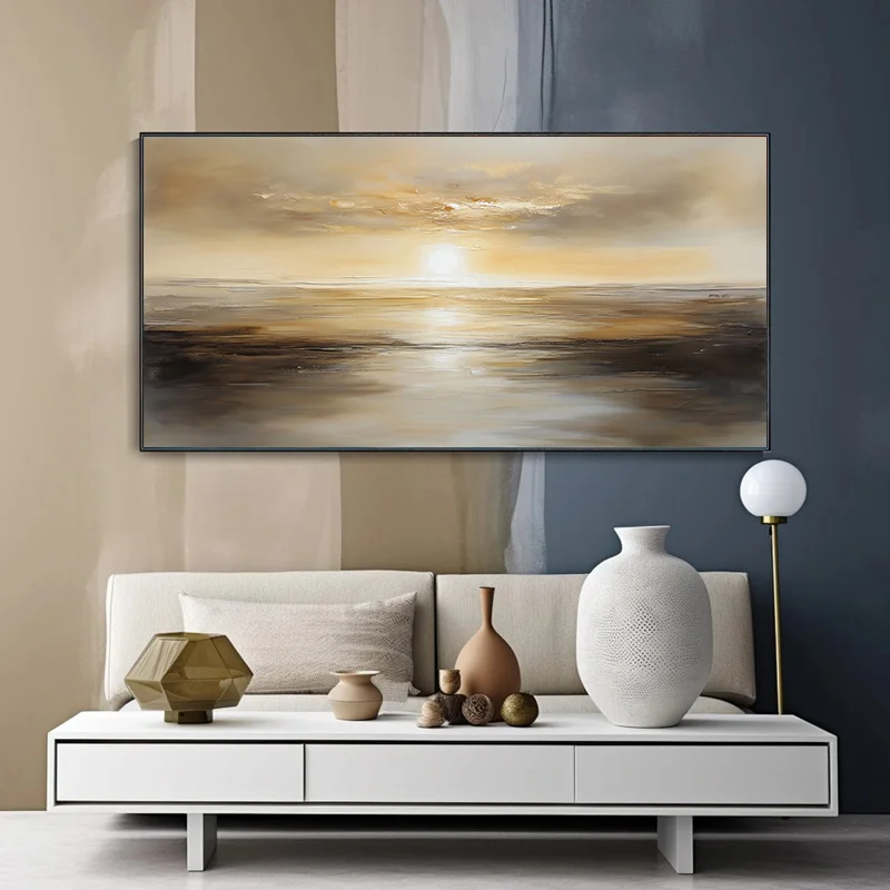 1pc Large Frameless Modern Abstract Canvas Art Sunset Wall Painting, Vibrant Blue & Golden Design, Living Room Decor Sunset Art