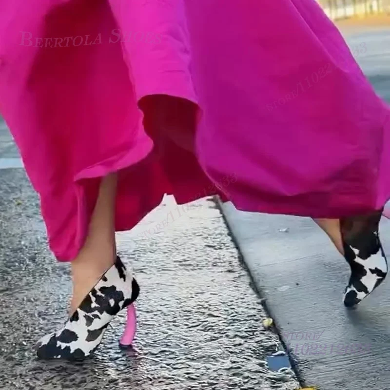 

Round Pink Circle Pumps Cow Print Genuine Calf Hair Mule Strange Shape Heel Pointed Toe Slip On Footwear Streetwear Party Shoes