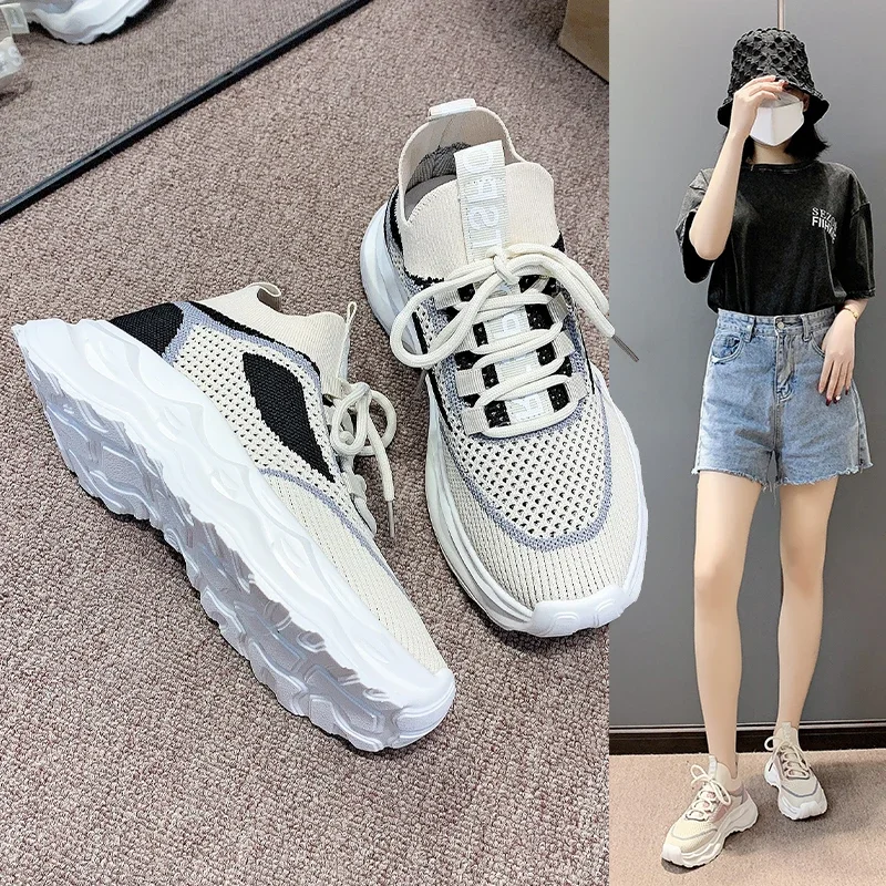 Women's Sneakers Casual Comfortable 2024 Spring Lace-Up Platform Outdoors Lightweight Breathable Mesh Low Top Ladies Shoes