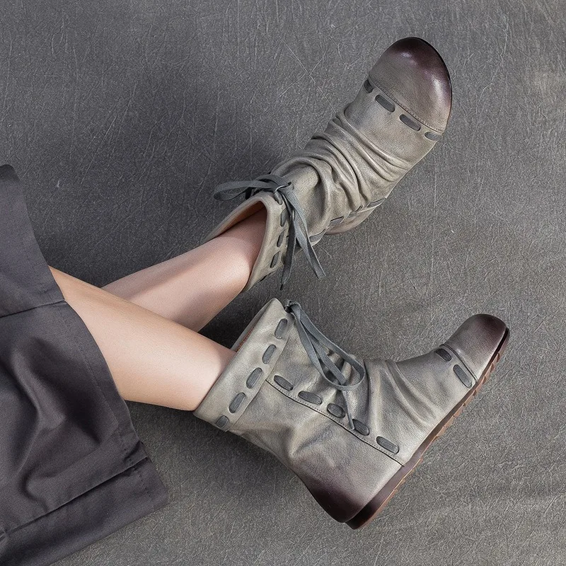 

Birkuir Retro Lace Up Ankle Boots For Women Pleated Short Boots Flat Heel Genuine Leather Luxury Slip On Casual Lazy Boots