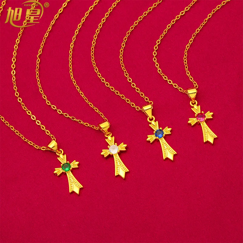 

XUHUANG Fashion 24K Gold Plated Cross Pendant for Man and Women Zircon Jewellry Necklaces Party Gifts Accessories Wholesales