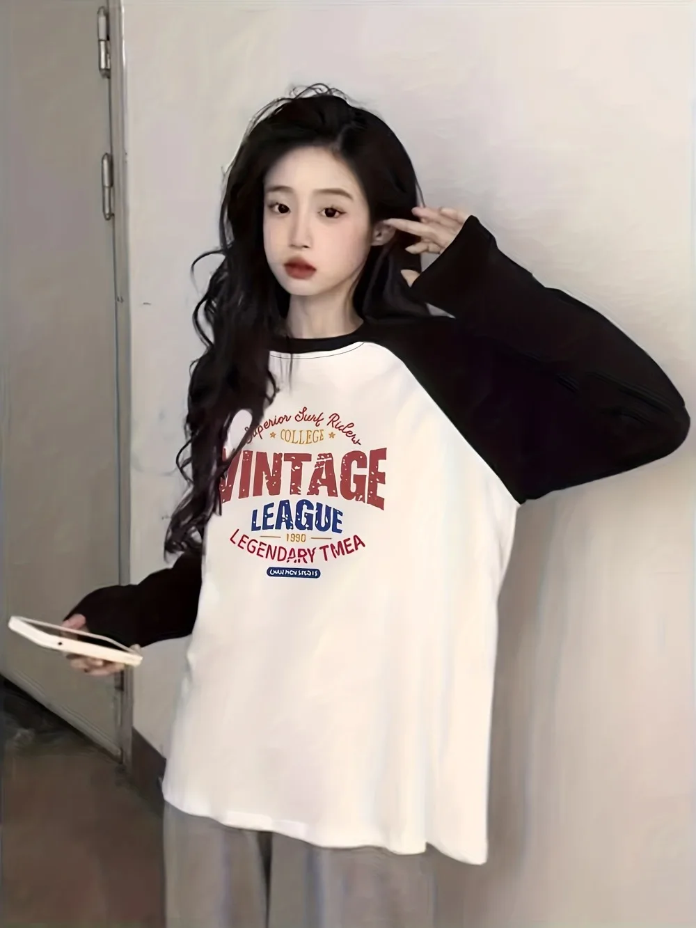 النمط الياباني والكوري المتناقضة اللون بأكمام طويلة تي شيرت الرجعية نمط الدوري ثلاثية الأبعاد الطباعة جولة الرقبة عارضة أعلى #2