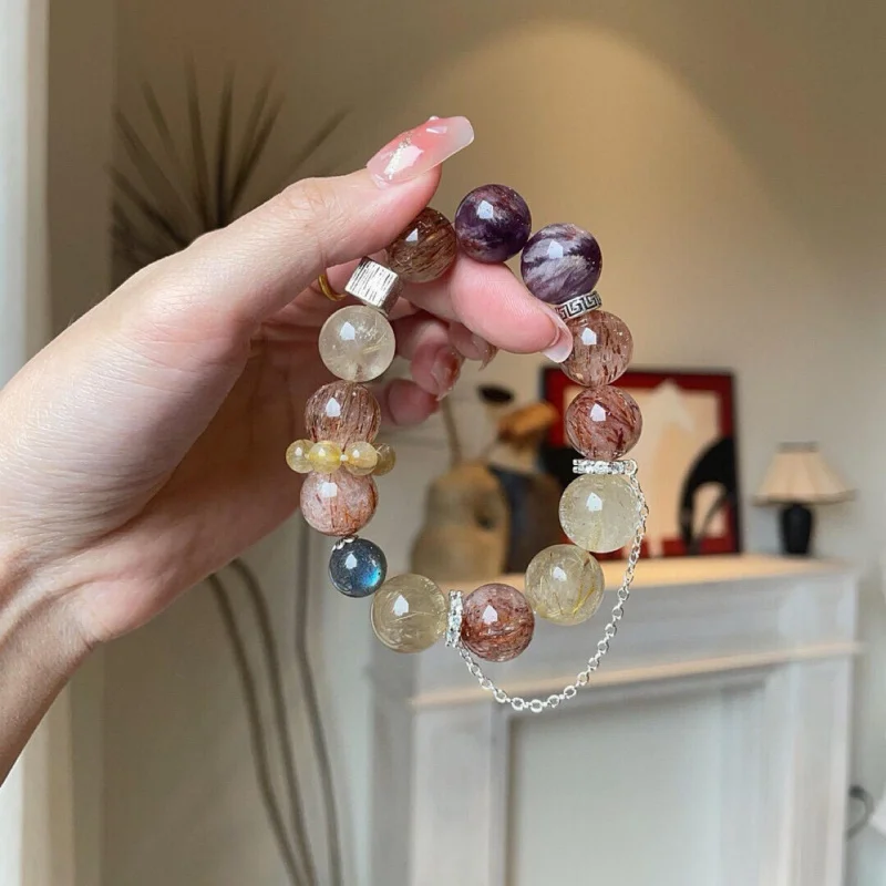 Natural Purple Phantom Moonstone Black Gold Yellow Bracelet Design Large Beads