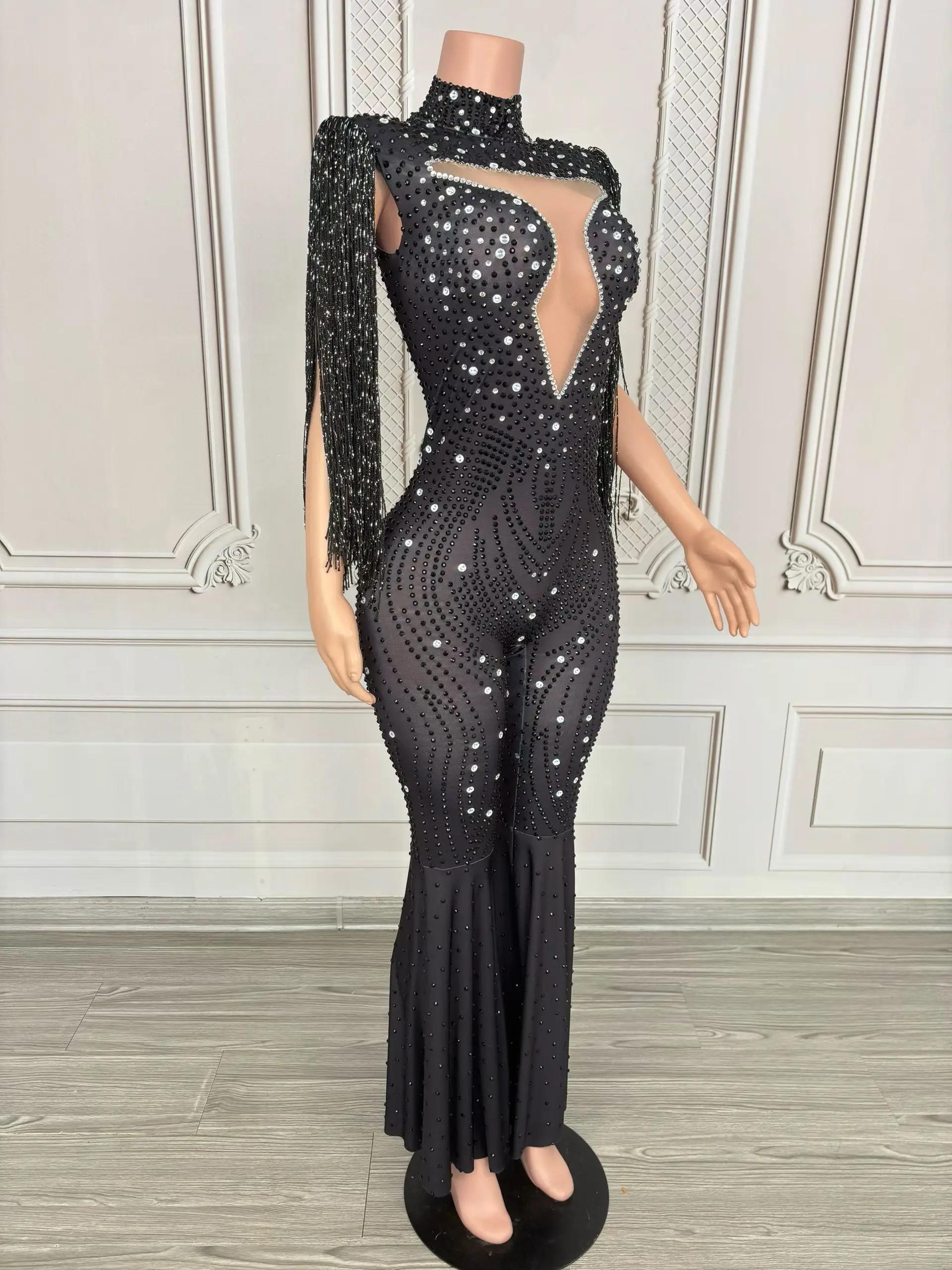 Women Spandex Elastic Tight Fitting Jumpsuit Black Tassel Nightclub Party Spandex Elastic Drag Queen Performer Sexy Wear Wuyun