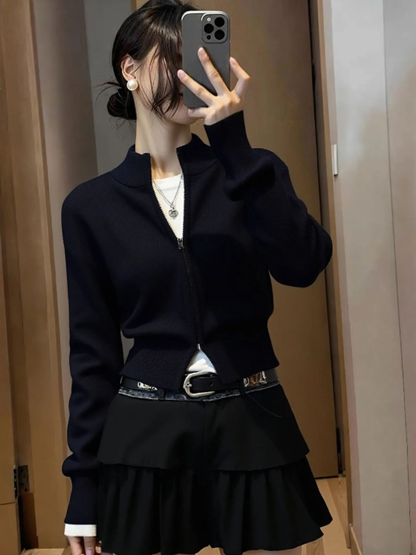 ウィンターティーンエイジスリムフィットジッパーニットウェアロングスリーブカメレオントップス多用途高品質エレガントレディースファッション