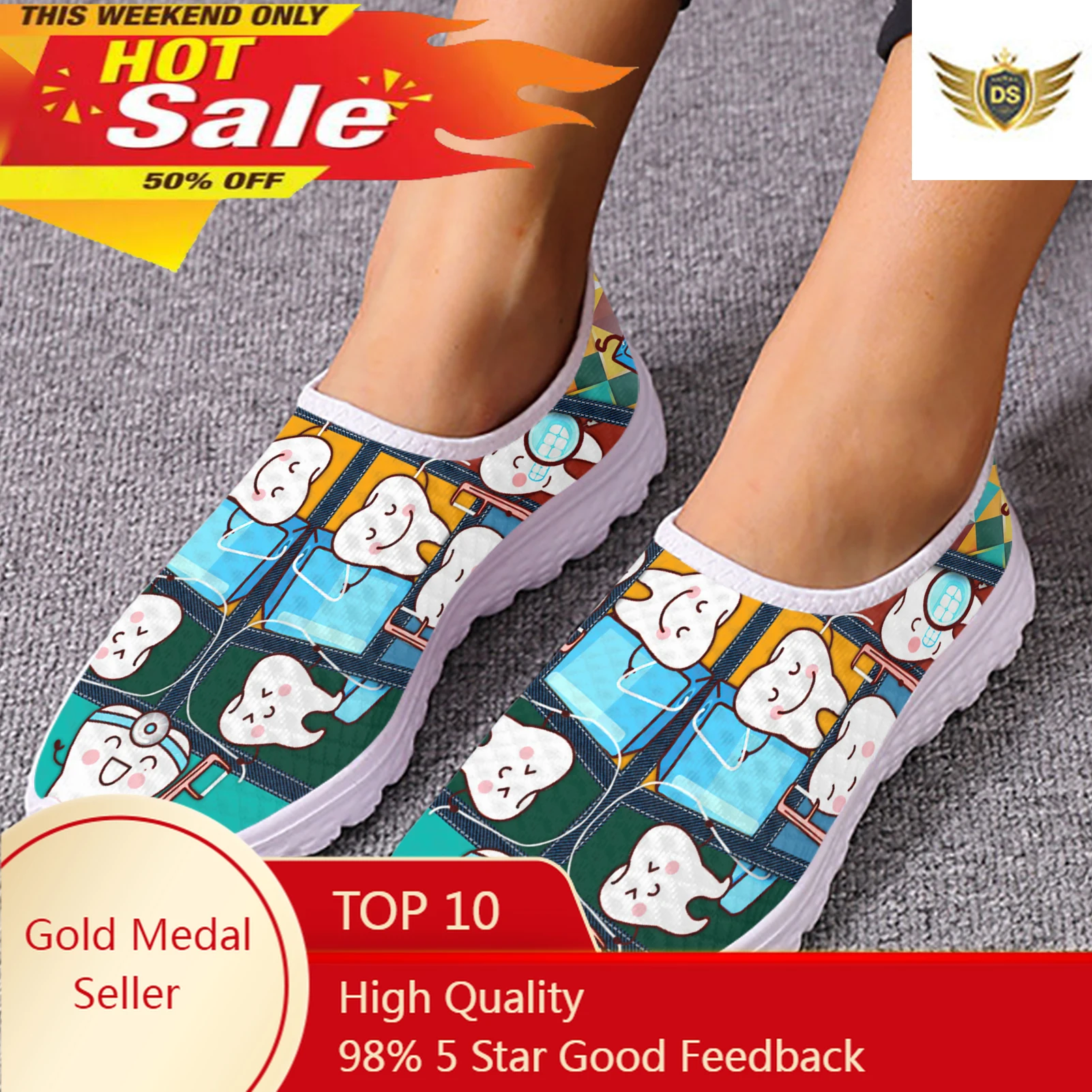 Funny Cartoon Teeth Print Women Summer Mesh Shoes White Soft Sole Brand Slip On Casual Sneakers Zapatos Planos