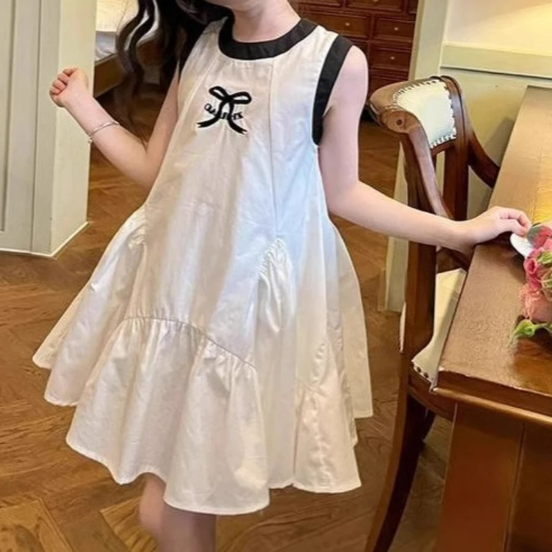 

Girls' Dress 2-7 Years Old Summer Outfit New Japanese Korean Version White Sleeveless Vest Sports Style Dress Kids Clothes Girls