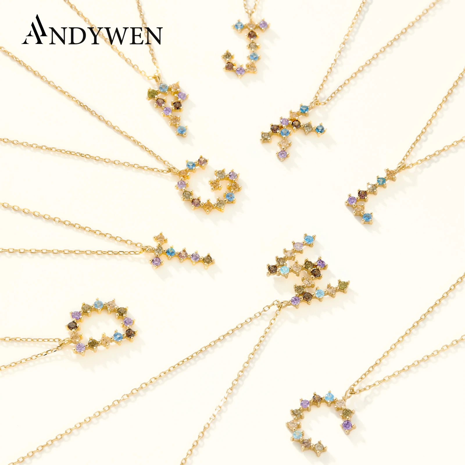 

ANDYWEN 925 Sterling Silver Gold Colorful Rainbow CZ Letter Initial Alphabet Pendant Neacklace For Women Purple Crystal Jewelry