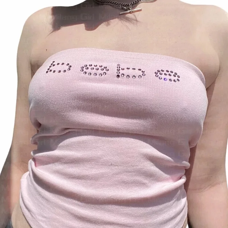 Cute Rhinestones Letter Print leeveless Tank Top Summer Girl Stretch Top Streetwear Pink Corset Y2k Sexy Sleeveless Baby Tee